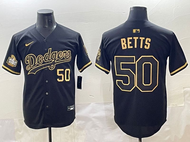 Men 2025 Los Angeles Dodgers #50 Betts Black Gold Five generations Nike MLB Jersey style 1